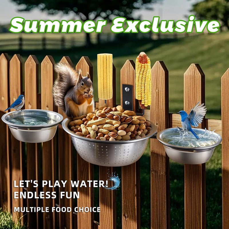 Ofasixx 3-Hoop Squirrel/Bird Feeder, 2025 Cute Metal Bowl Outside Tree Mounted,1 x 8.5in Drainage Bowl+2 Corn Cob Spikes for Dry Food,2 x 5in Solid Bowls for Wet Food/Water, Perfect Squirrel Feeders for Yard - Image 3